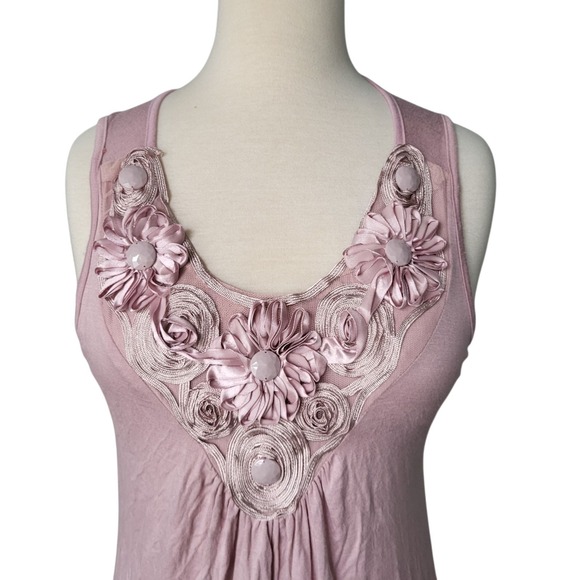 Vintage Y2K Babydoll Top‎ Floral Applique Beaded Large Pink Sleeveless Festival - Picture 3 of 11